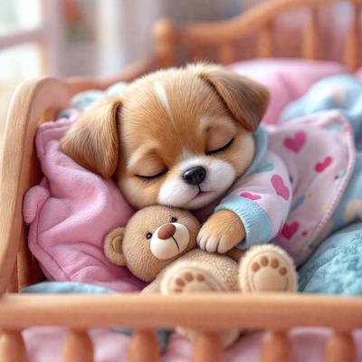 The primary subject of the image is a small brown teddy bear. The setting is a crib, and the visual style is a photo. The teddy bear is lying on a pink blanket, and the overall atmosphere is warm and cozy.